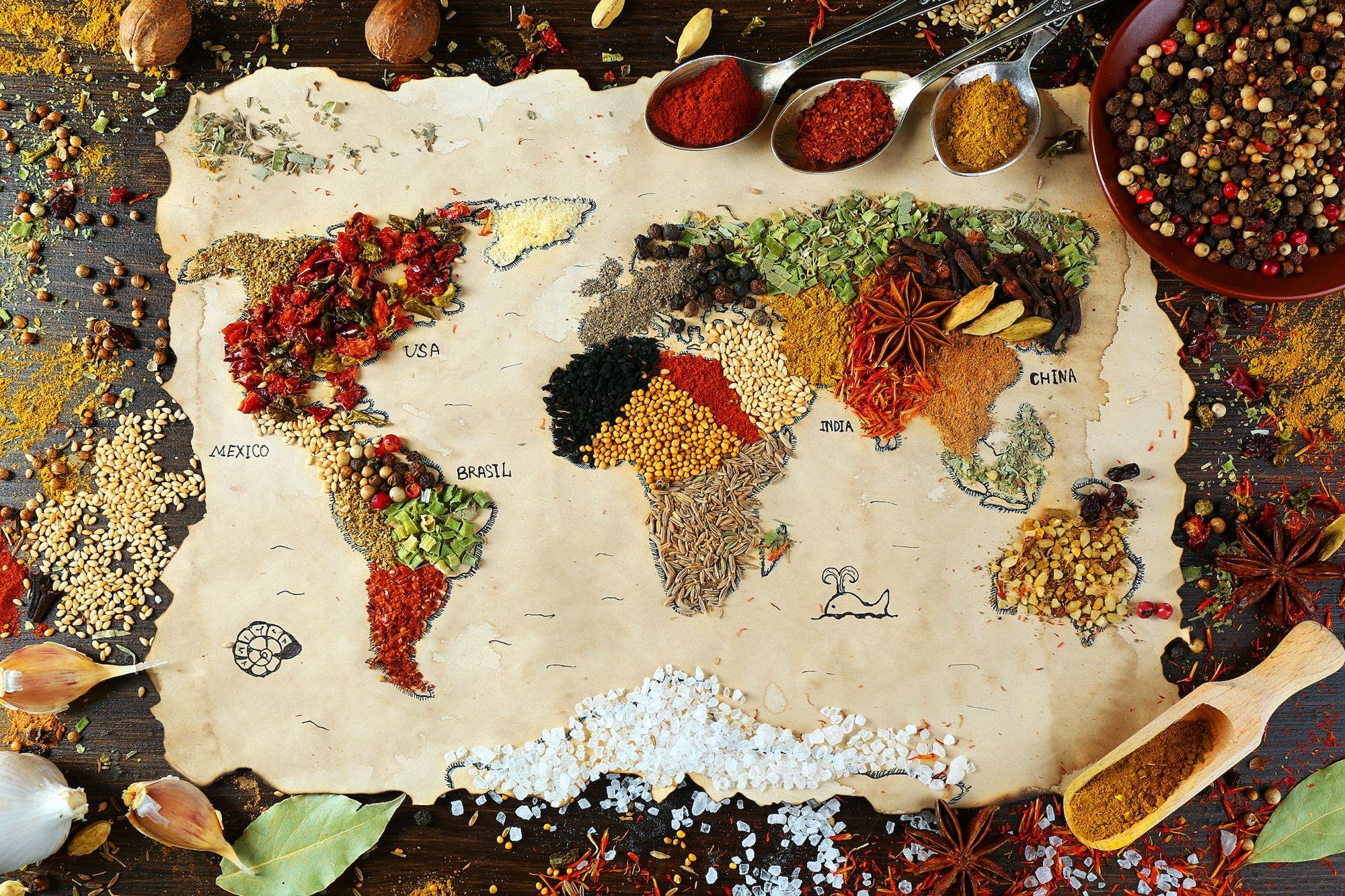 A world map with each continent drawn in a different spice