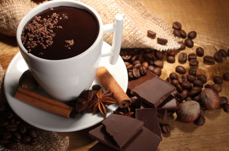 A cup of hot chocolate with cinnamon sticks, star anise, and chocolate pieces